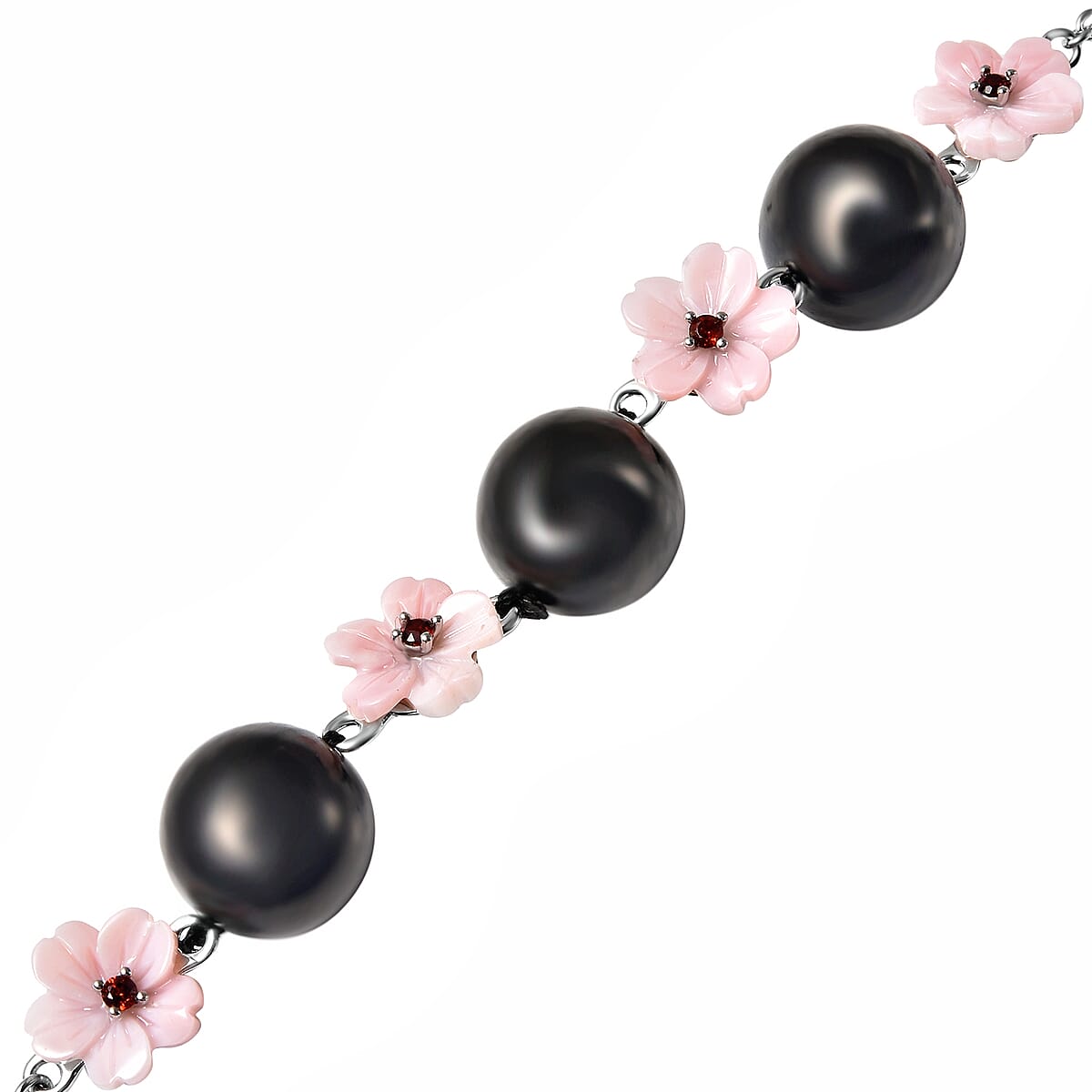 Shungite, Pink Mother Of Pearl Carved and Mozambique Garnet Floral Bracelet in Rhodium Over Sterling Silver (8.00 In) 32.40 ctw image number 4
