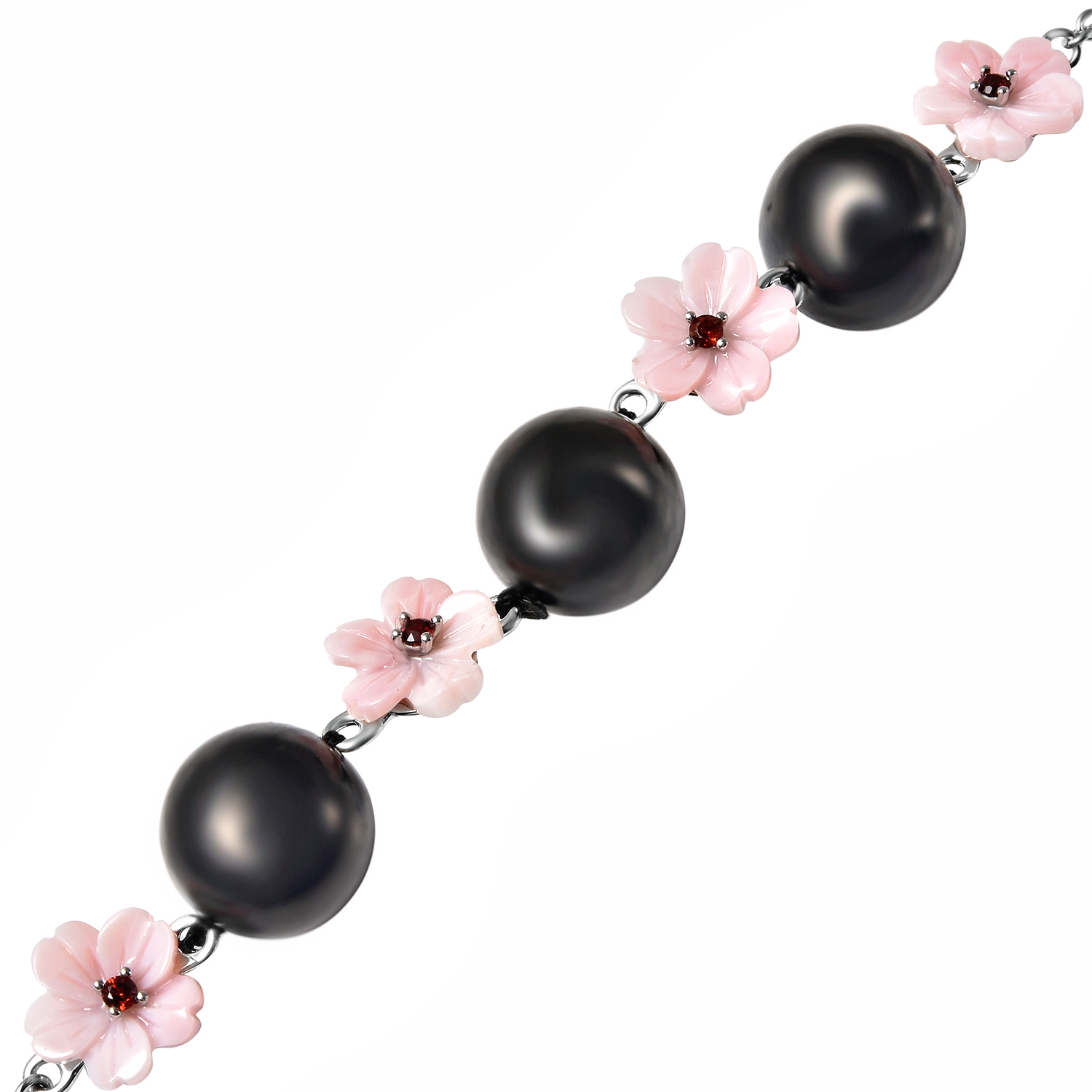 Shungite, Pink Mother Of Pearl Carved and Mozambique Garnet Floral Bracelet in Rhodium Over Sterling Silver (8.00 In) 32.40 ctw