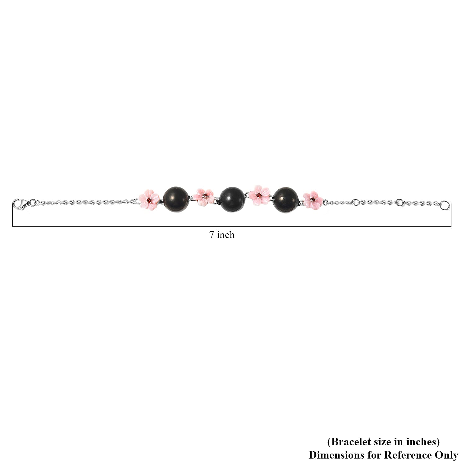 Shungite, Pink Mother Of Pearl Carved and Mozambique Garnet Floral Bracelet in Rhodium Over Sterling Silver (8.00 In) 32.40 ctw