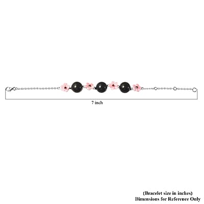 Shungite, Pink Mother Of Pearl Carved and Mozambique Garnet Floral Bracelet in Rhodium Over Sterling Silver (8.00 In) 32.40 ctw