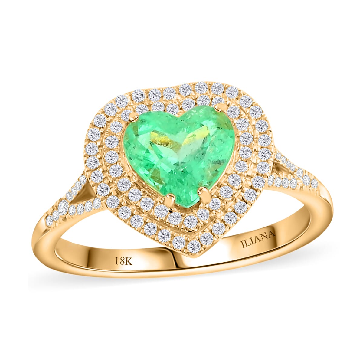 One Of A Kind Iliana 18K Yellow Gold AAA Boyaca Colombian Emerald and G-H SI Diamond Heart Shape Double Halo Ring (Size 7.0) 4.23 Grams 2.00 ctw image number 0
