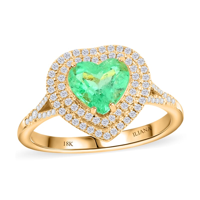 One Of A Kind Iliana 18K Yellow Gold AAA Boyaca Colombian Emerald and G-H SI Diamond Heart Shape Double Halo Ring (Size 7.0) 4.23 Grams 2.00 ctw
