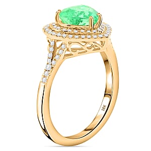 One Of A Kind Iliana 18K Yellow Gold AAA Boyaca Colombian Emerald and G-H SI Diamond Heart Shape Double Halo Ring (Size 7.0) 4.23 Grams 2.00 ctw
