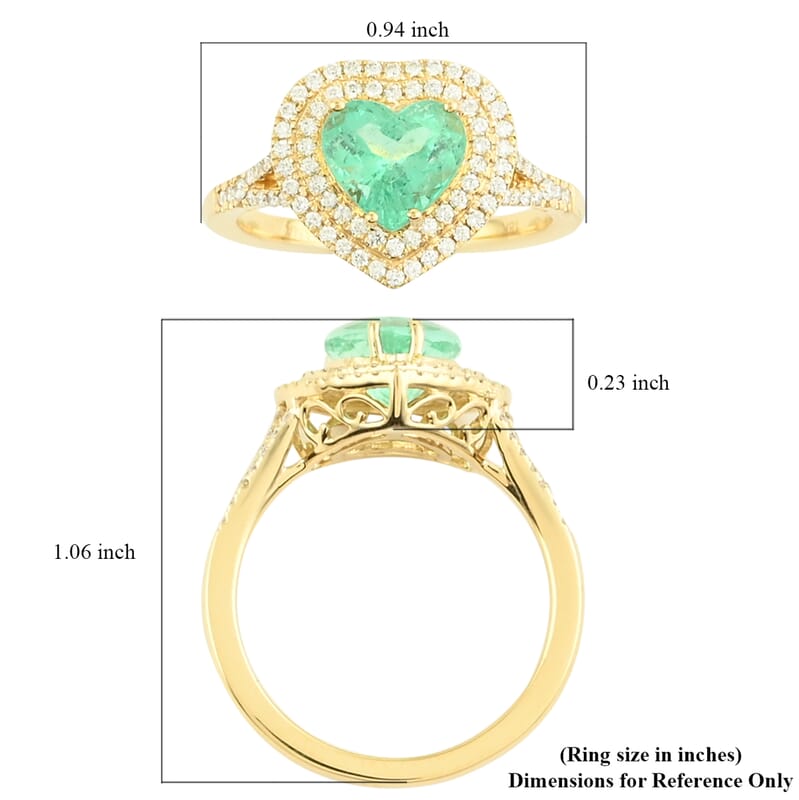 One Of A Kind Iliana 18K Yellow Gold AAA Boyaca Colombian Emerald and G-H SI Diamond Heart Shape Double Halo Ring (Size 7.0) 4.23 Grams 2.00 ctw