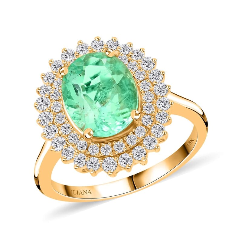 Iliana AAA Boyaca Colombian Emerald and G-H SI Diamond 3.00 ctw Sunburst Ring in 18K Yellow Gold (Size 7.0) 5.40 Grams