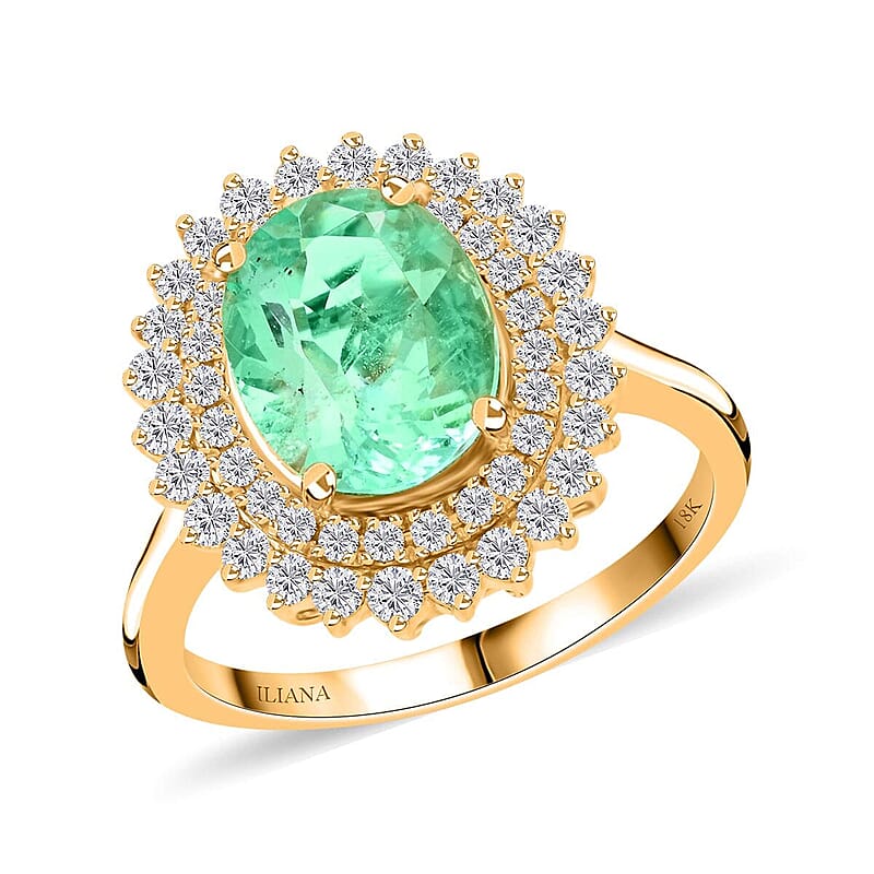 Iliana AAA Boyaca Colombian Emerald and G-H SI Diamond 3.00 ctw Sunburst Ring in 18K Yellow Gold (Size 7.0) 5.40 Grams