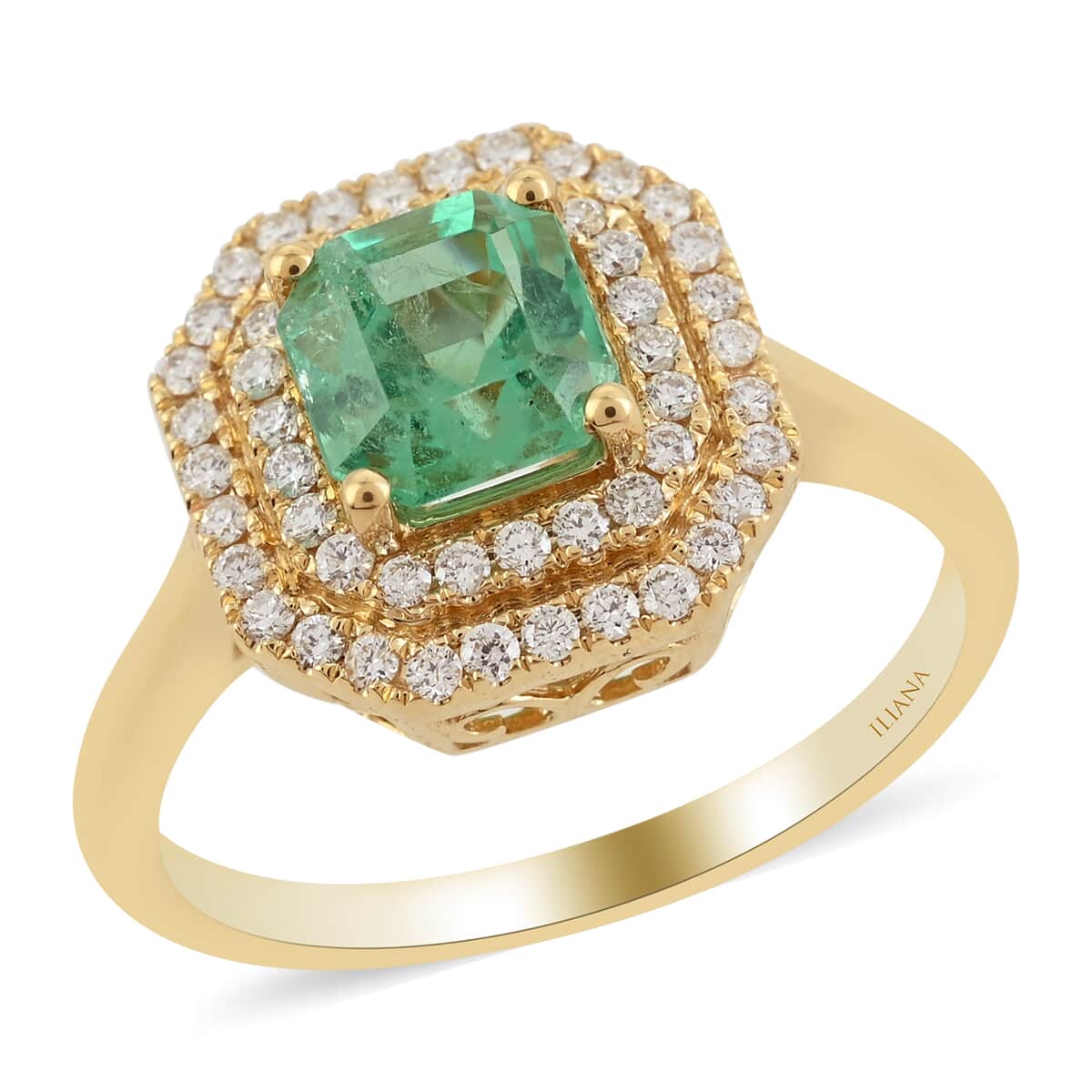 ILIANA 18K Yellow Gold AAA Boyaca Colombian Emerald and G-H SI Diamond Double Halo Ring (Size 6.0) 3.90 Grams 1.25 ctw image number 0