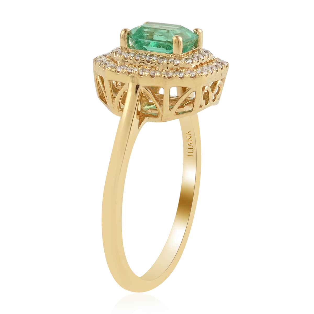 ILIANA 18K Yellow Gold AAA Boyaca Colombian Emerald and G-H SI Diamond Double Halo Ring (Size 6.0) 3.90 Grams 1.25 ctw image number 2