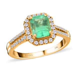 One Of A Kind Certified & Appraised Iliana 18K Yellow Gold AAA Boyaca Colombian Emerald and G-H SI Diamond Halo Ring (Size 7.0) 1.70 ctw