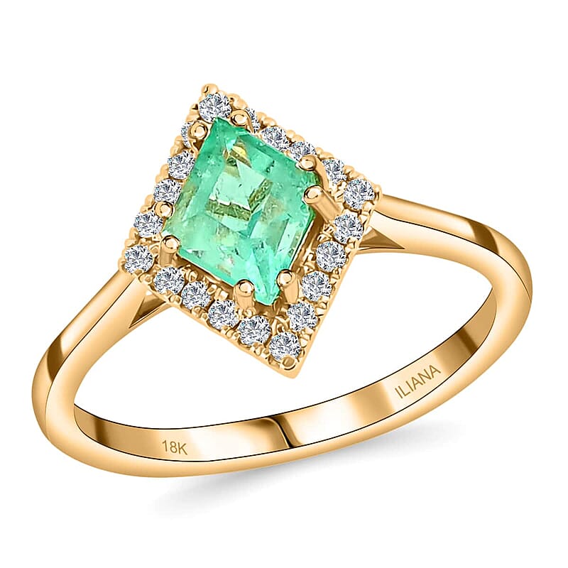 One Of A Kind Iliana AAA Boyaca Colombian Emerald and G-H SI Diamond 1.00 ctw Kite Shape Halo Ring in 18K Yellow Gold (Size 7.0)