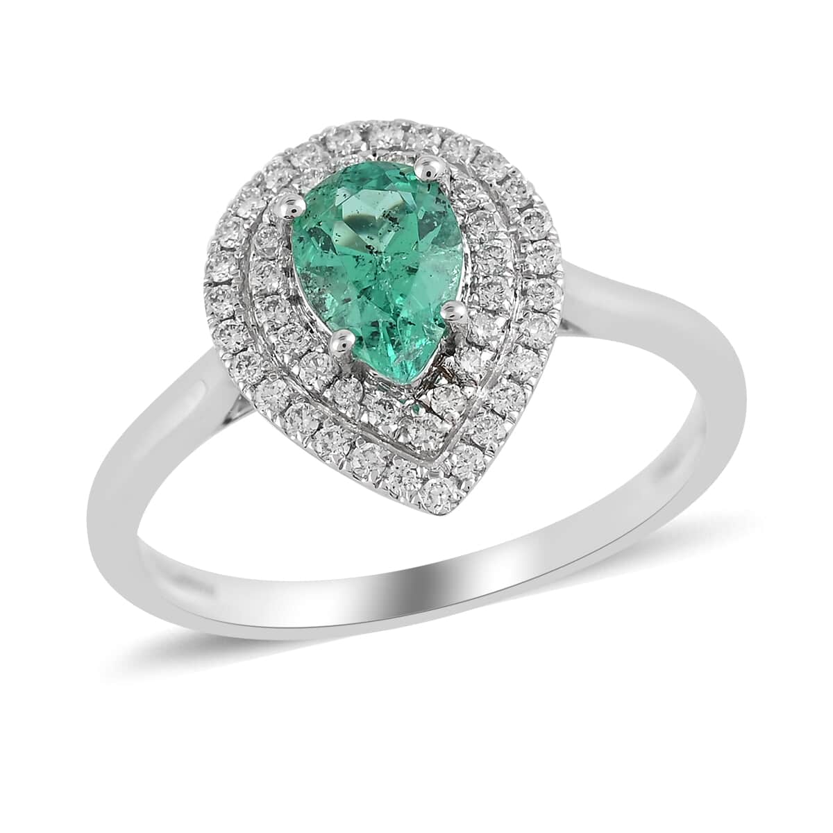 Rhapsody 950 Platinum AAAA Boyaca Colombian Emerald and E-F VS Diamond Double Halo Ring (Size 6.0) 6 Grams 1.35 ctw image number 0