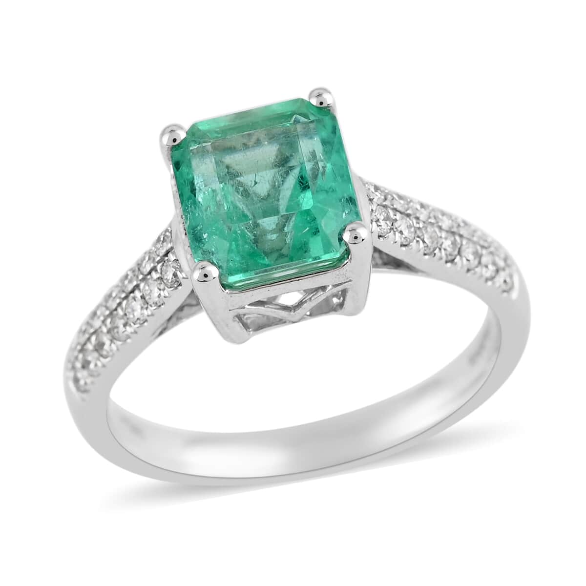 RHAPSODY 950 Platinum AAAA Boyaca Colombian Emerald and E-F VS Diamond Ring (Size 8.0) 5.65 Grams 2.80 ctw image number 0