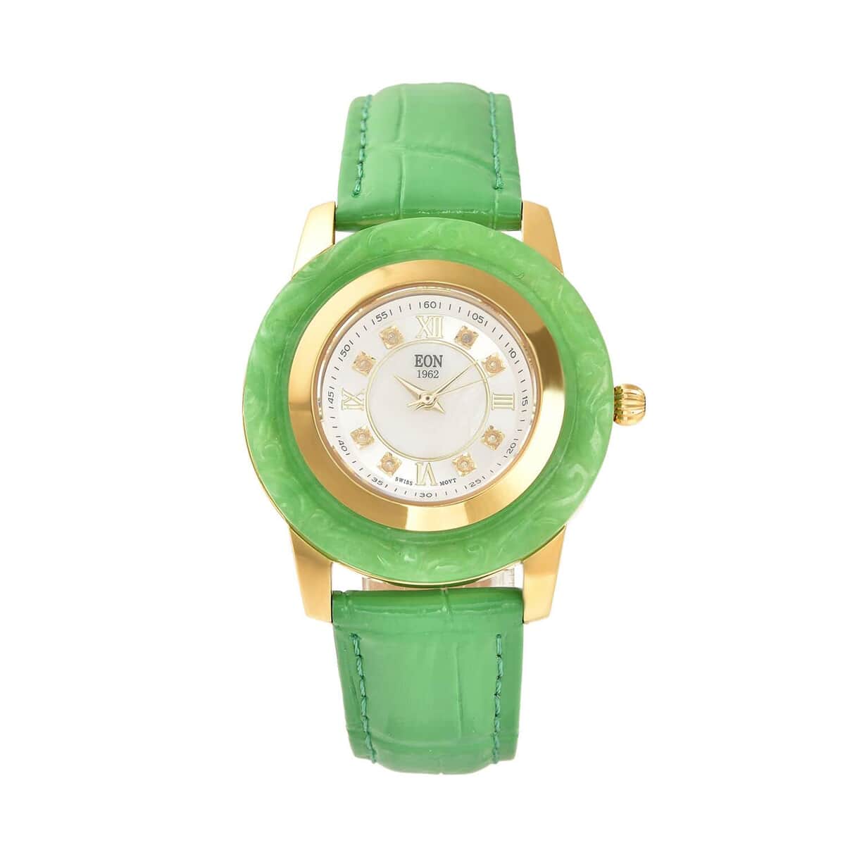 Doorbuster EON 1962 Swiss Movement Green Jade Carved, White Topaz Watch with Green Leather Strap (6.50-8.25 Inches) 17.50 ctw image number 0