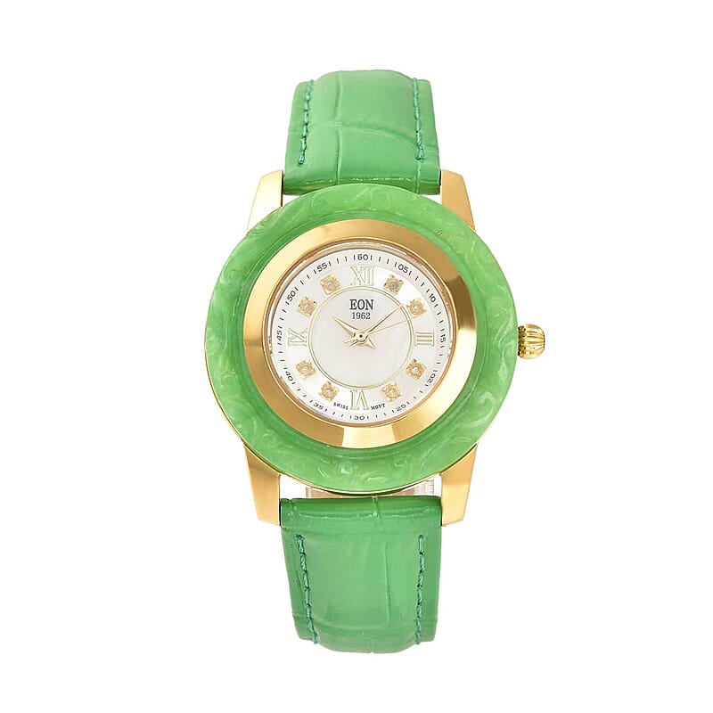 Eon 1962 Carved Green Jade Swiss Movement Watch, White Topaz Accent Watch with Green Leather Strap, Casual Bracelet Watch, Best Everyday Luxury Minimal Women's Watch, Analogue Watches 6.50-8.25 Inches 17.50 ctw