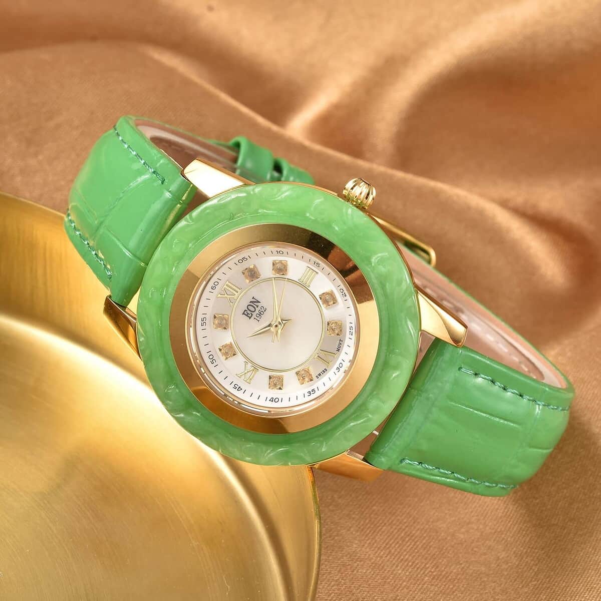 Doorbuster EON 1962 Swiss Movement Green Jade Carved, White Topaz Watch with Green Leather Strap (6.50-8.25 Inches) 17.50 ctw image number 1