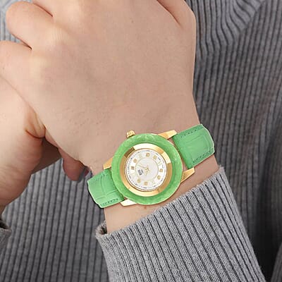 Eon 1962 Carved Green Jade Swiss Movement Watch, White Topaz Accent Watch with Green Leather Strap, Casual Bracelet Watch, Best Everyday Luxury Minimal Women's Watch, Analogue Watches 6.50-8.25 Inches 17.50 ctw