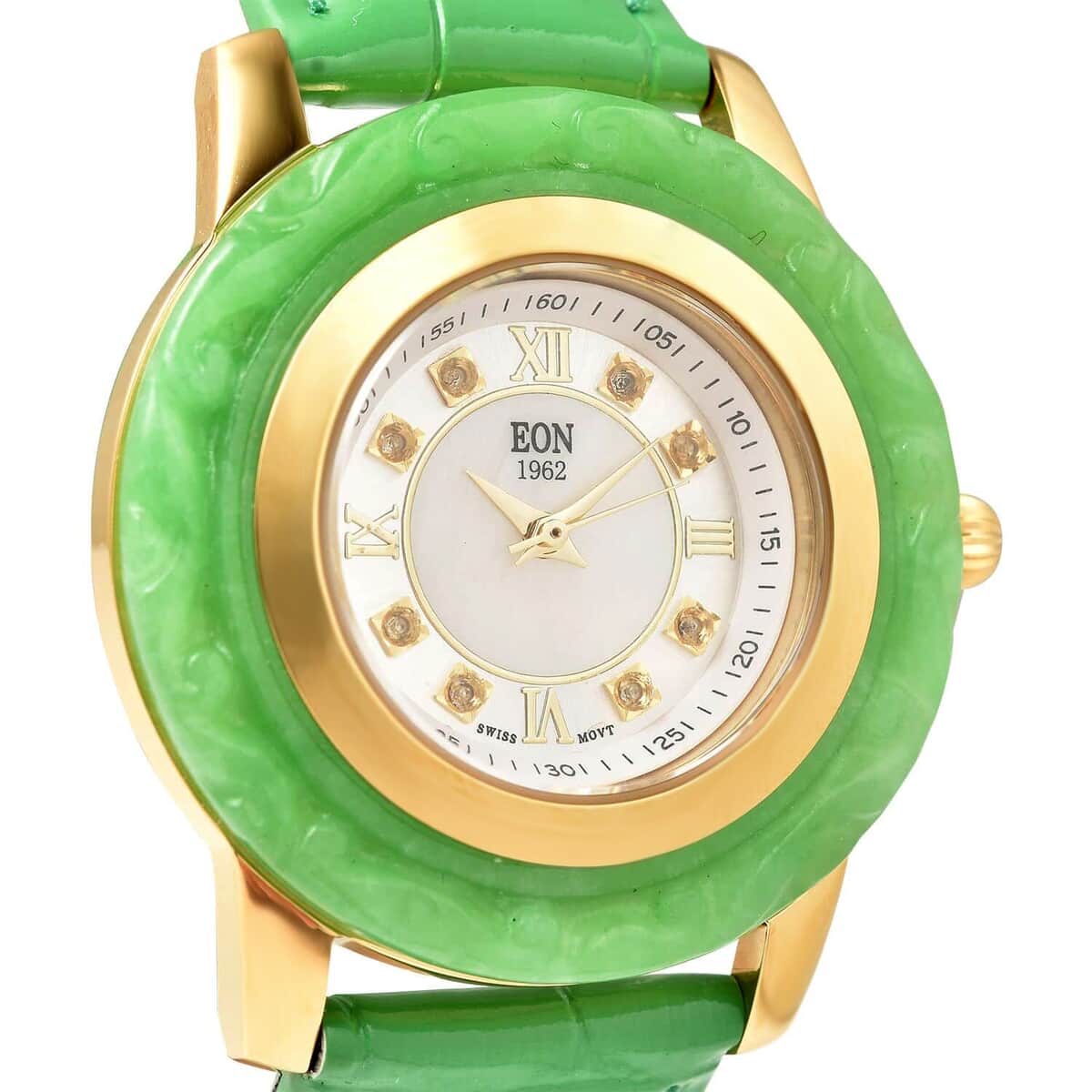 Doorbuster EON 1962 Swiss Movement Green Jade Carved, White Topaz Watch with Green Leather Strap (6.50-8.25 Inches) 17.50 ctw image number 3