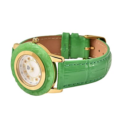 Eon 1962 Carved Green Jade Swiss Movement Watch, White Topaz Accent Watch with Green Leather Strap, Casual Bracelet Watch, Best Everyday Luxury Minimal Women's Watch, Analogue Watches 6.50-8.25 Inches 17.50 ctw