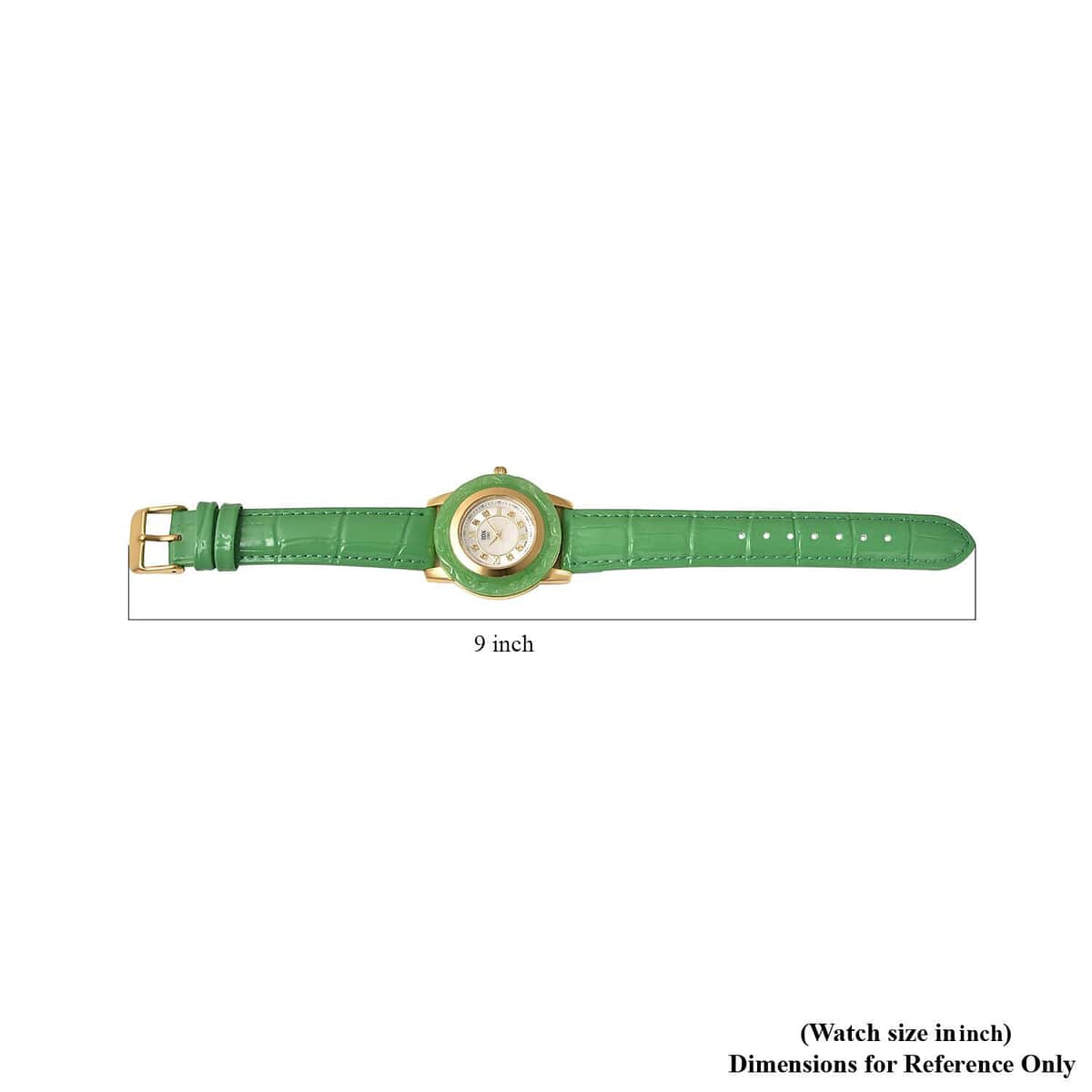 Doorbuster EON 1962 Swiss Movement Green Jade Carved, White Topaz Watch with Green Leather Strap (6.50-8.25 Inches) 17.50 ctw image number 6