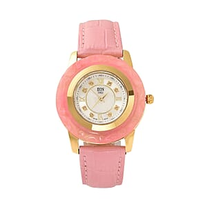 Eon 1962 Carved Pink Jade 17.65 ctw Swiss Movement Watch, White Topaz Accent Watch with Pink Leather Strap, Casual Bracelet Watch, Best Everyday Luxury Minimal Women's Watch, Analogue Watches 6.50-8.25 Inches