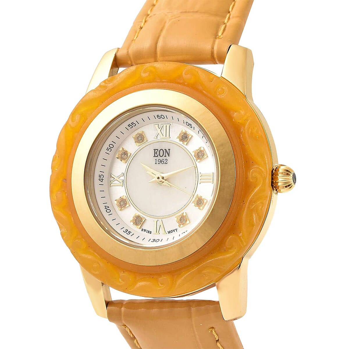 Buy Eon 1962 Carved Honey Jade Swiss Movement Watch, White 