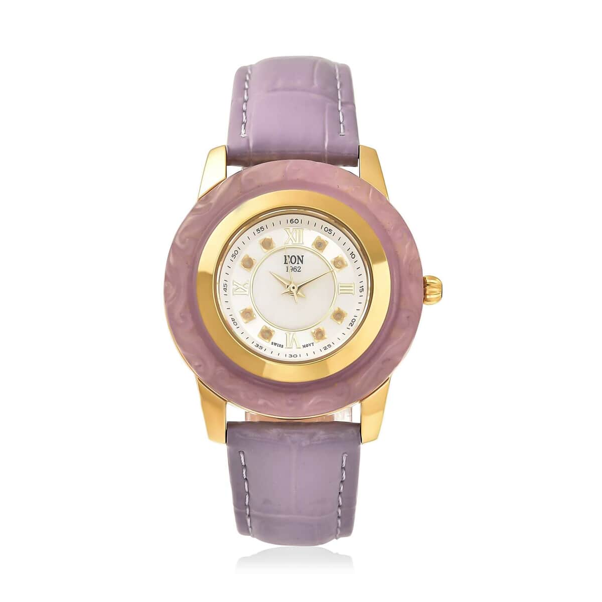 Eon 1962 Carved Purple Jade 17.65 ctw Swiss Movement Watch, White Topaz Accent Watch with Purple Leather Strap, Casual Bracelet Watch, Best Everyday Luxury Minimal Women's Watch, Analogue Watches 6.50-8.25 Inches image number 0