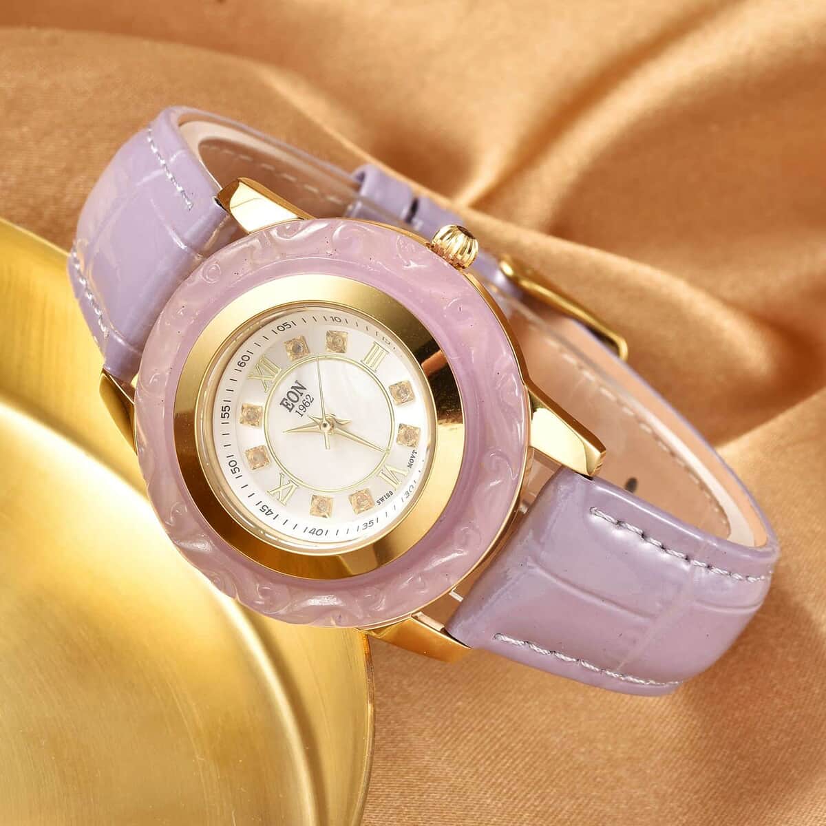 Eon 1962 Carved Purple Jade 17.65 ctw Swiss Movement Watch, White Topaz Accent Watch with Purple Leather Strap, Casual Bracelet Watch, Best Everyday Luxury Minimal Women's Watch, Analogue Watches 6.50-8.25 Inches image number 1