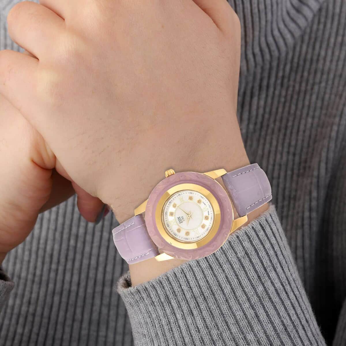 Eon 1962 Carved Purple Jade 17.65 ctw Swiss Movement Watch, White Topaz Accent Watch with Purple Leather Strap, Casual Bracelet Watch, Best Everyday Luxury Minimal Women's Watch, Analogue Watches 6.50-8.25 Inches image number 2