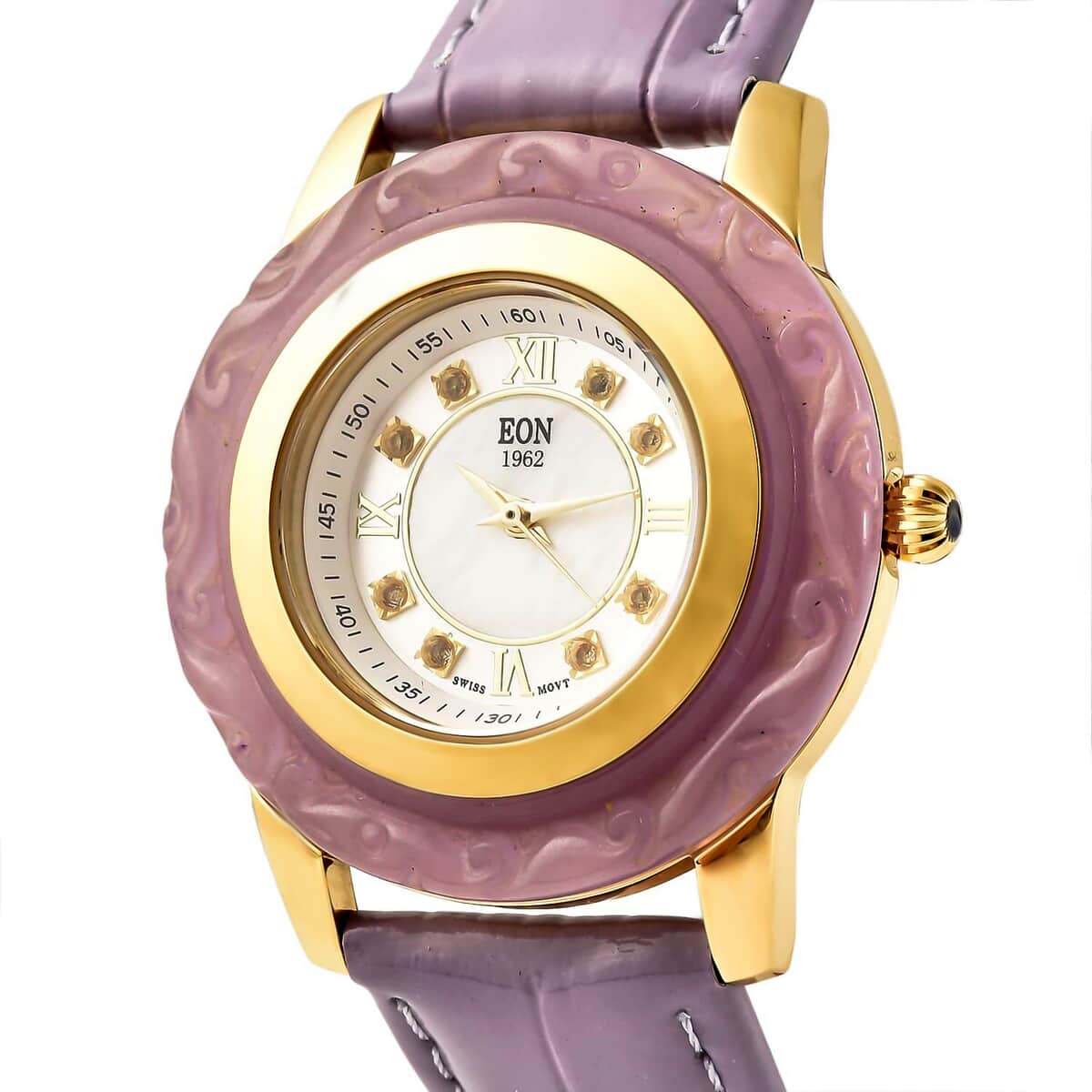 Eon 1962 Carved Purple Jade 17.65 ctw Swiss Movement Watch, White Topaz Accent Watch with Purple Leather Strap, Casual Bracelet Watch, Best Everyday Luxury Minimal Women's Watch, Analogue Watches 6.50-8.25 Inches image number 3