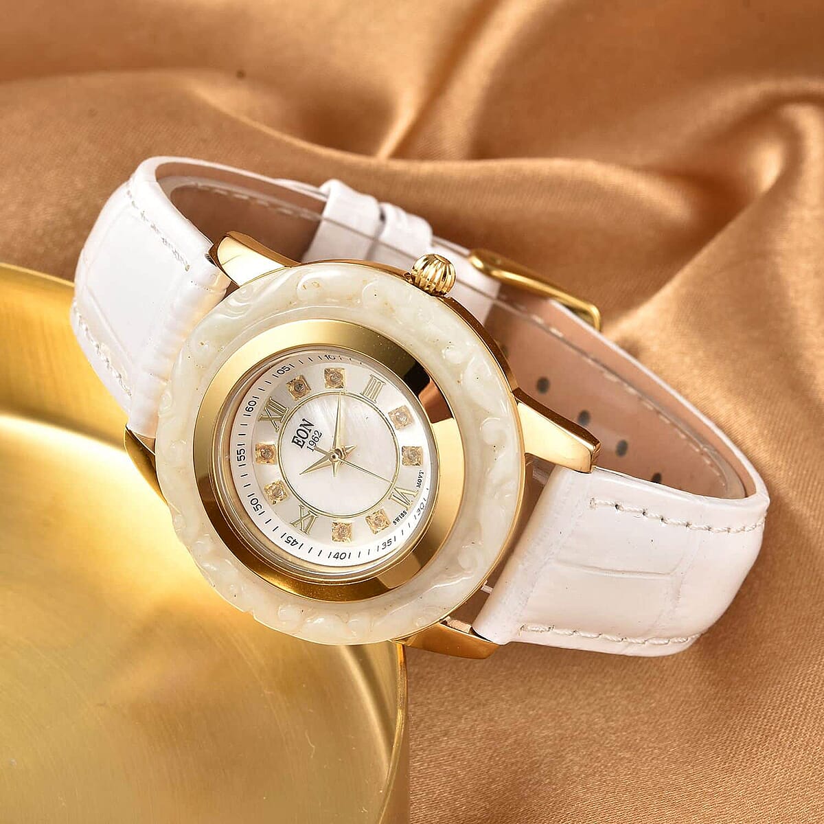 Buy Eon 1962 Carved White Jade Swiss Movement Watch, White  display picture 3