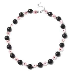 Shungite, Pink Mother Of Pearl Carved and Mozambique Garnet Floral Necklace 20 Inches in Rhodium Over Sterling Silver 186.50 ctw