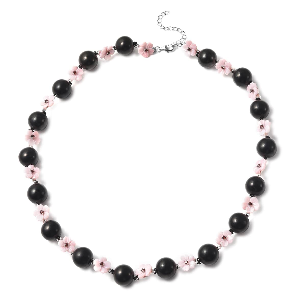 Shungite, Pink Mother Of Pearl Carved and Mozambique Garnet Floral Necklace 20 Inches in Rhodium Over Sterling Silver 186.50 ctw image number 0