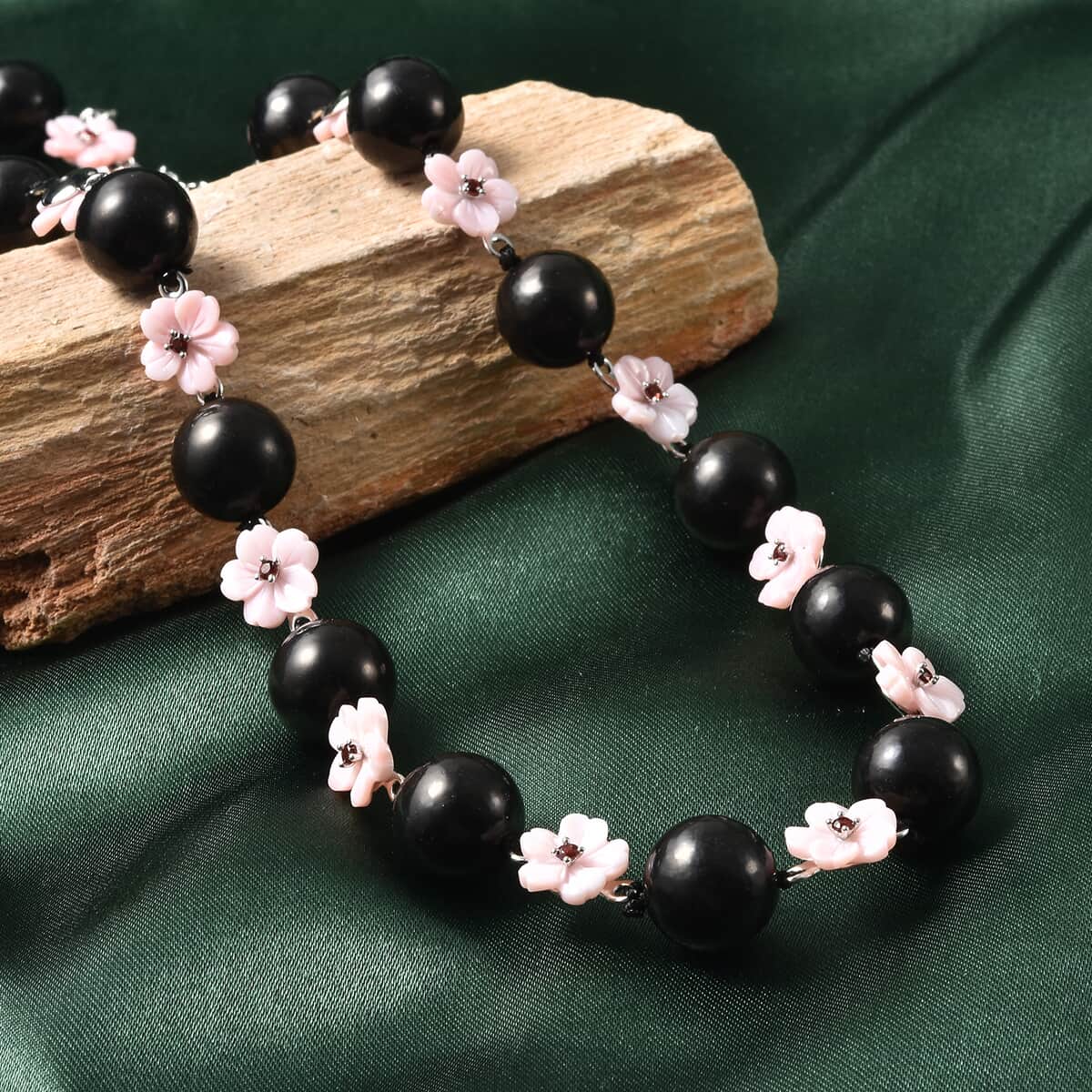Shungite, Pink Mother Of Pearl Carved and Mozambique Garnet Floral Necklace 20 Inches in Rhodium Over Sterling Silver 186.50 ctw image number 1