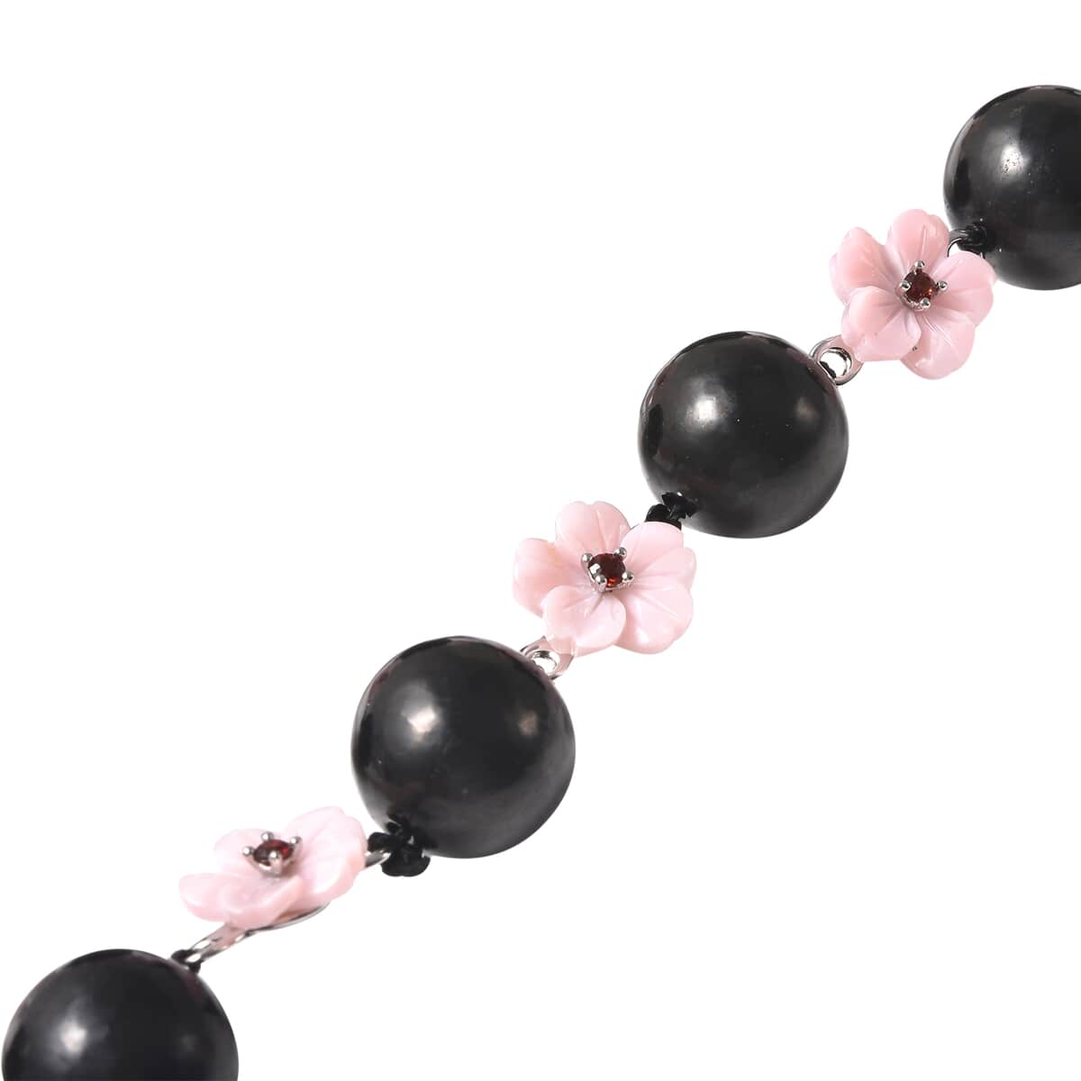 Shungite, Pink Mother Of Pearl Carved and Mozambique Garnet Floral Necklace 20 Inches in Rhodium Over Sterling Silver 186.50 ctw image number 2