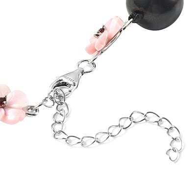 Shungite, Pink Mother Of Pearl Carved and Mozambique Garnet Floral Necklace 20 Inches in Rhodium Over Sterling Silver 186.50 ctw