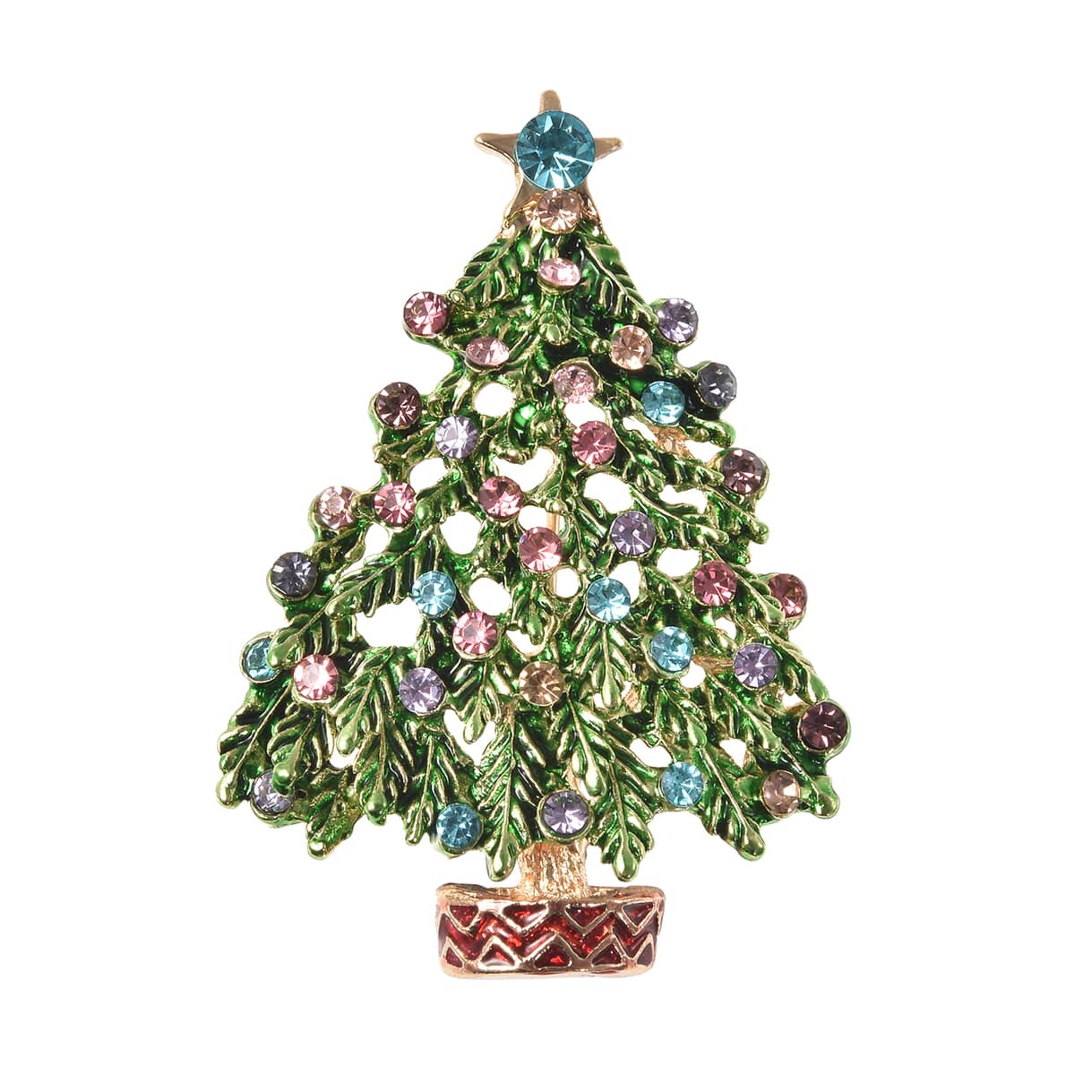 Multi Color Austrian Crystal Christmas Tree Brooch in Goldtone, Jewelry Gift For Women, Xmas Tree Pin image number 0