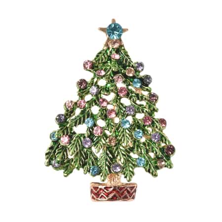 Multi Color Austrian Crystal Christmas Tree Brooch in Goldtone, Jewelry Gift For Women, Xmas Tree Pin image number 0