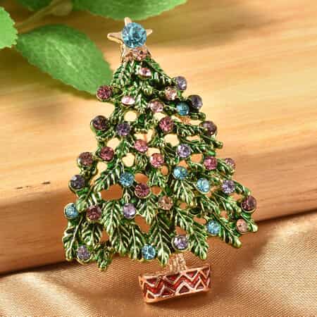 Multi Color Austrian Crystal Christmas Tree Brooch in Goldtone, Jewelry Gift For Women, Xmas Tree Pin image number 1