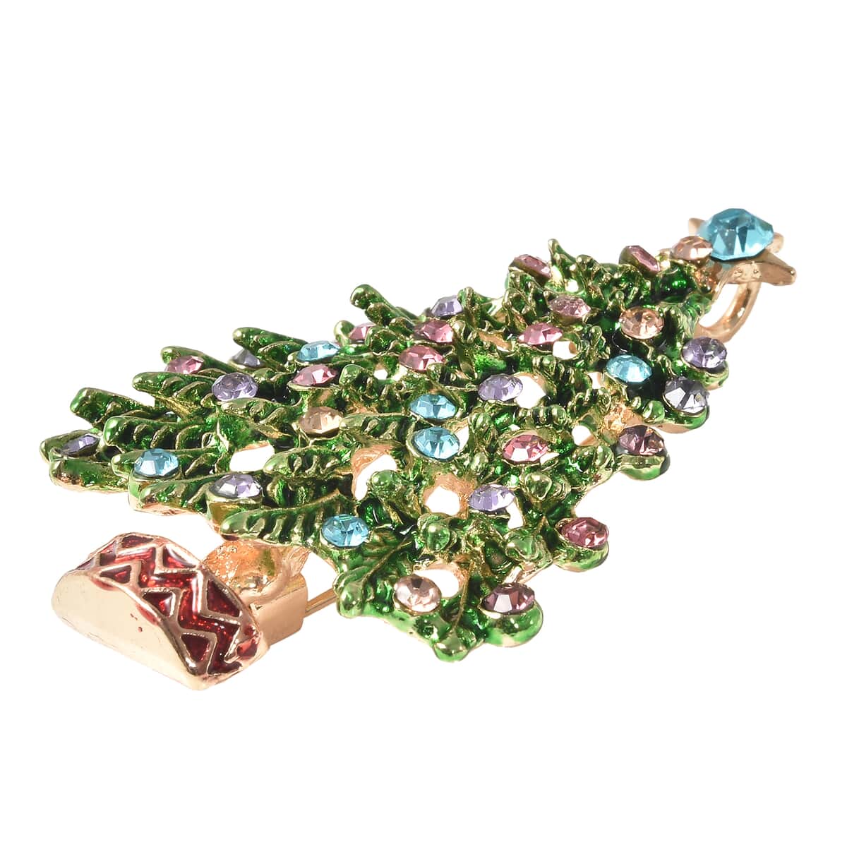 Multi Color Austrian Crystal Christmas Tree Brooch in Goldtone, Jewelry Gift For Women, Xmas Tree Pin image number 2