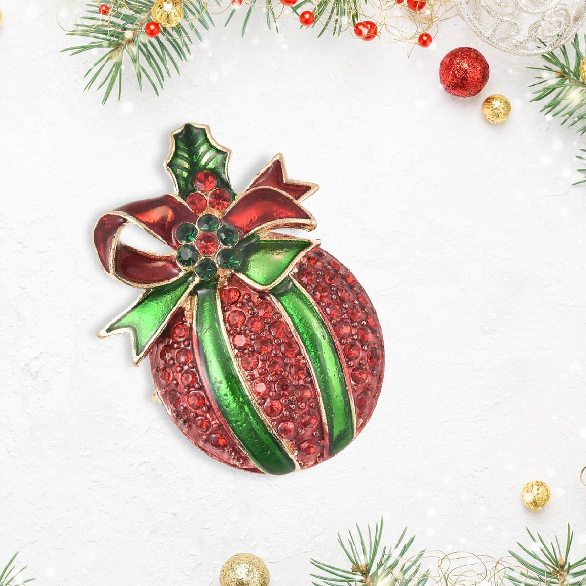Red and Green Austrian Crystal, Enameled Christmas Present Brooch in Goldtone, Jewelry Gift For Women, Christmas Present Pin image number 1