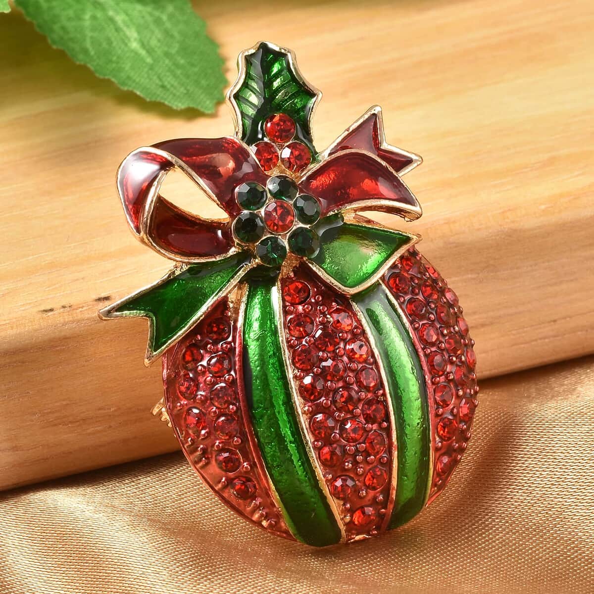 Red and Green Austrian Crystal, Enameled Christmas Present Brooch in Goldtone, Jewelry Gift For Women, Christmas Present Pin image number 2