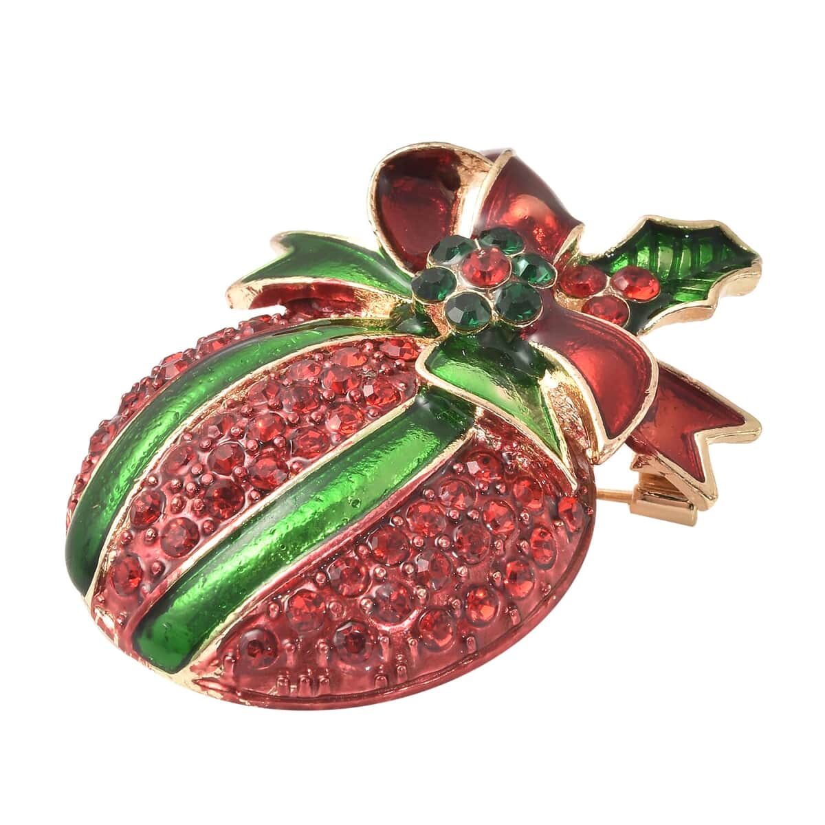 Red and Green Austrian Crystal, Enameled Christmas Present Brooch in Goldtone, Jewelry Gift For Women, Christmas Present Pin image number 3