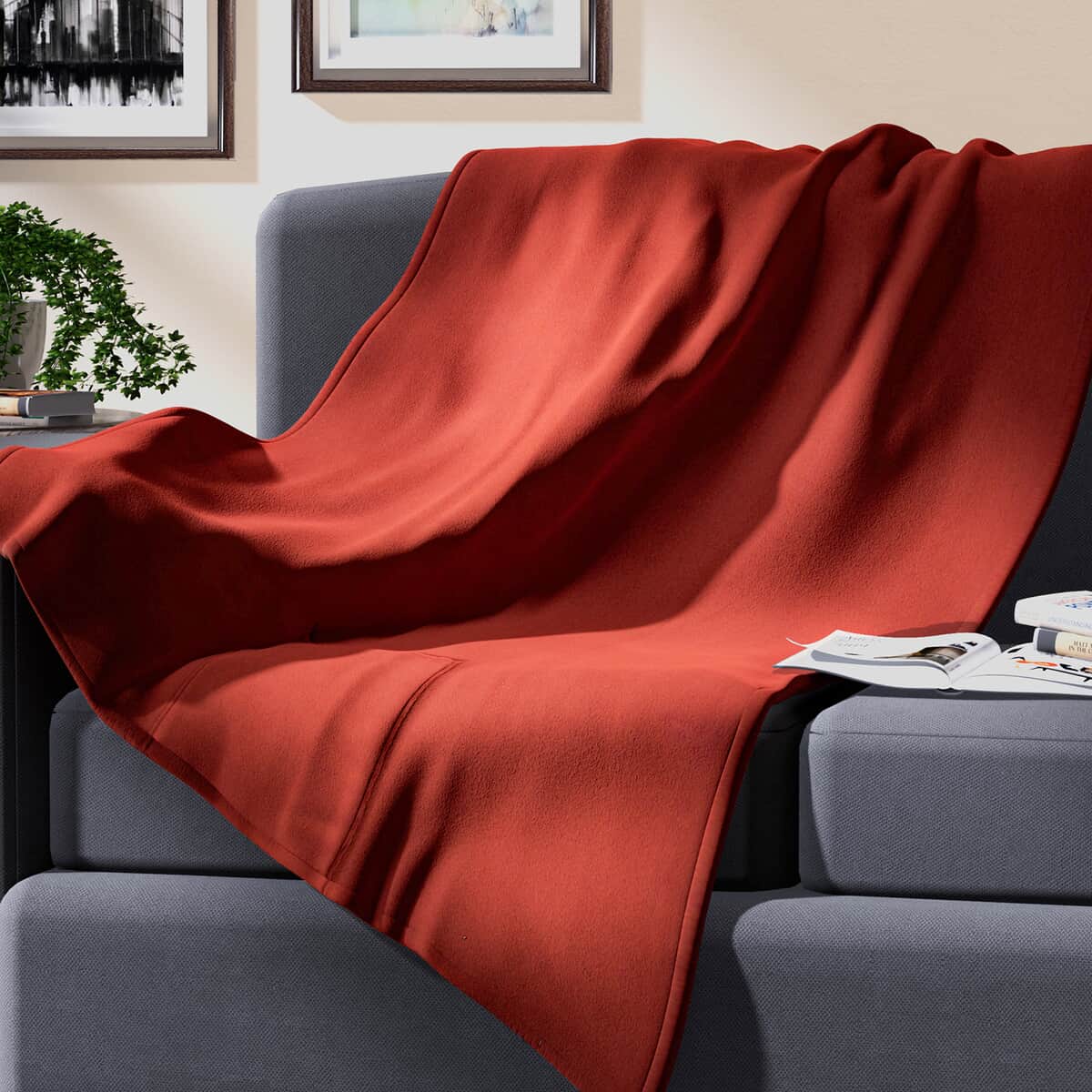 Homesmart 2 in 1 Red Solid Fleece Travel Blanket with Folded Storage Pocket (Microfiber) image number 0