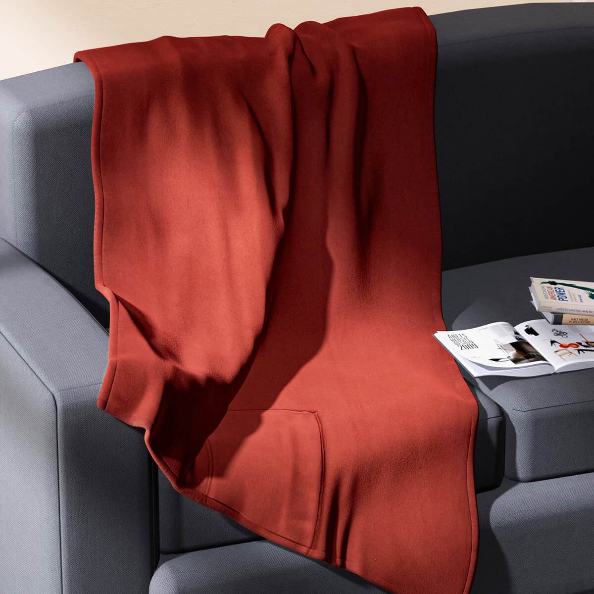 Homesmart 2 in 1 Red Solid Fleece Travel Blanket with Folded Storage Pocket (Microfiber) image number 1