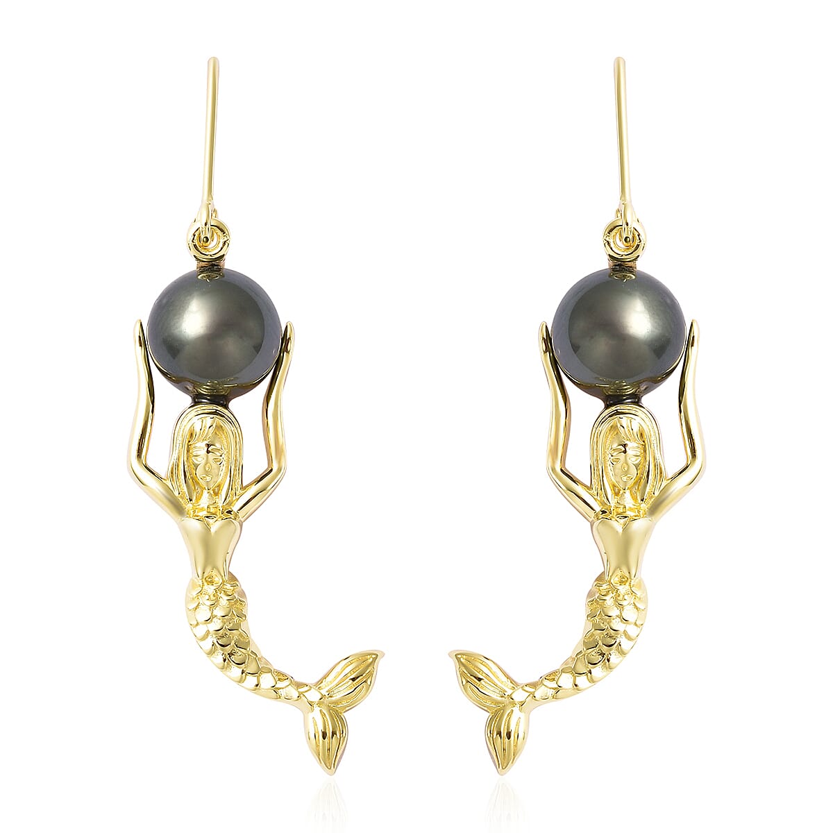 Tahitian Cultured Pearl Lever Back Mermaid Earrings in Vermeil Yellow Gold Over Sterling Silver 7.10 Grams