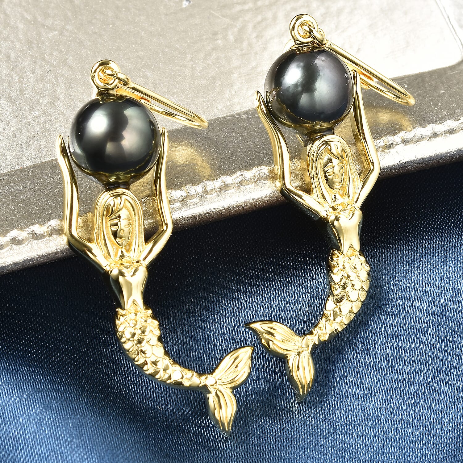 Tahitian Cultured Pearl Lever Back Mermaid Earrings in Vermeil Yellow Gold Over Sterling Silver 7.10 Grams