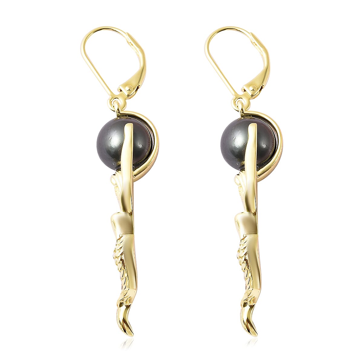 Tahitian Cultured Pearl Lever Back Mermaid Earrings in Vermeil Yellow Gold Over Sterling Silver 7.10 Grams