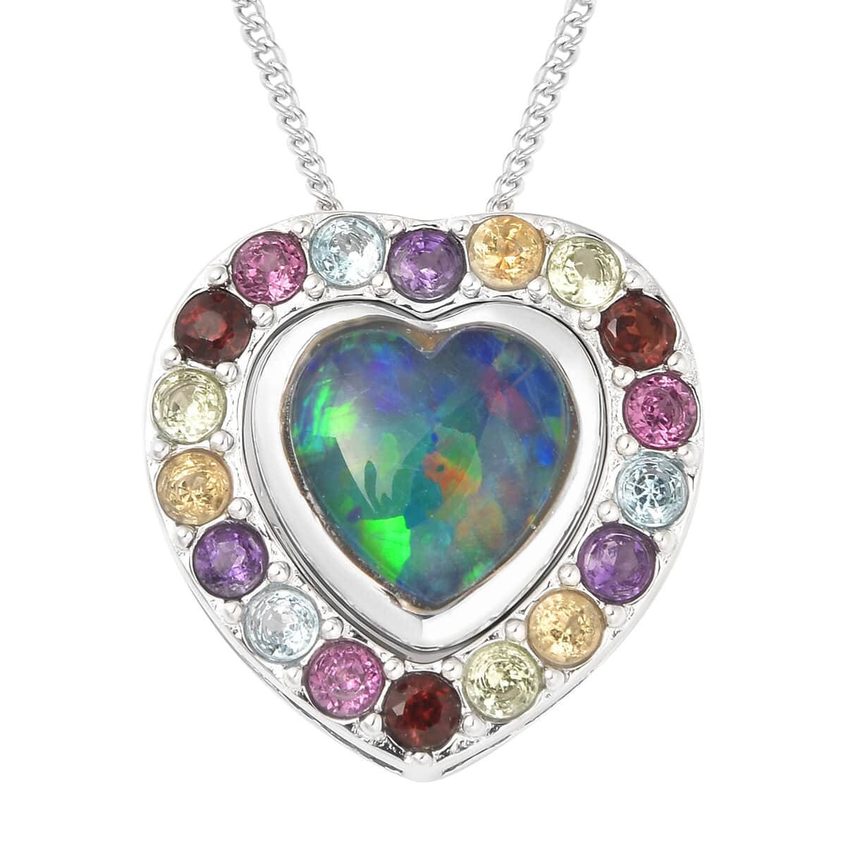 Australian Boulder Opal Triplet, Multi Gemstone Heart Pendant Necklace (18 Inches) in Rhodium Over Sterling Silver 2.00 ctw image number 0