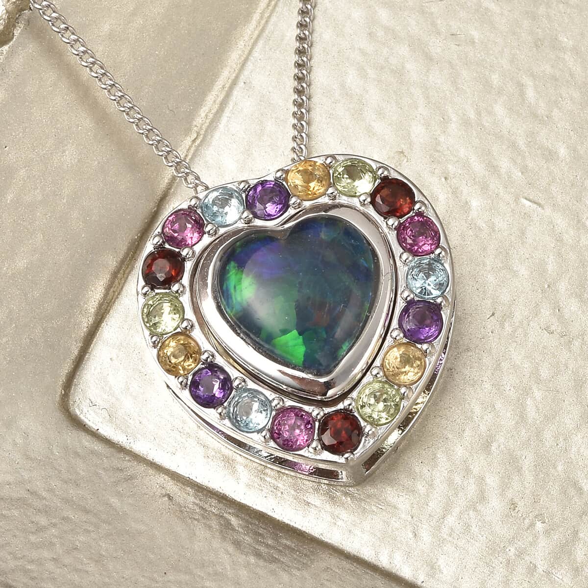 Australian Boulder Opal Triplet and Multi Gemstone Heart Pendant Necklace 18 Inches in Rhodium Over Sterling Silver 2.00 ctw image number 1