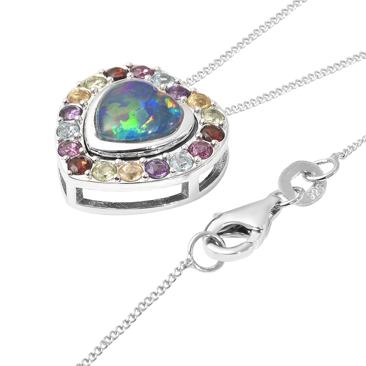 Australian Boulder Opal Triplet, Multi Gemstone Heart Pendant Necklace (18 Inches) in Rhodium Over Sterling Silver 2.00 ctw image number 3